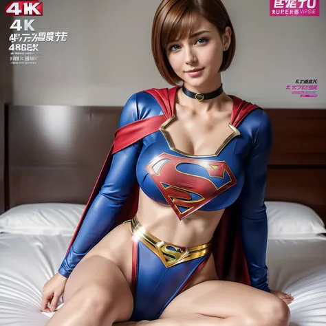 (Best Quality,4K,8K,hight resolution,masutepiece:1.2),Ultra-detailed,Realistic:1.37,Super masterpiece,Short-haired Supergirl sitting on bed、large full breasts、Looking at the camera、a choker、bare-legged、Weekly magazine cover、Cheerful pose