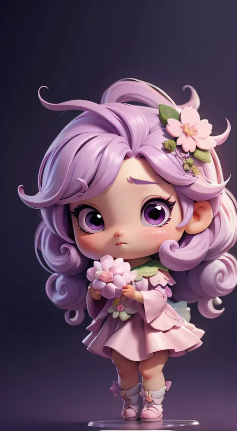 Anime chibi cute baby,Sente-se em uma grande flor rosa cosmos,pale purple hair,Floresta Fairyland