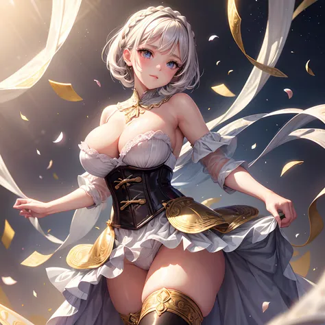 finest image, portrait, beautiful cute woman, amorous expression, lewd expression, white braided bangs iridescent hair, short hair, gold sparkling big eyes, red alluring moist big thick lips, large breasts, slender, perfect proportion, corset dress, skirt ...