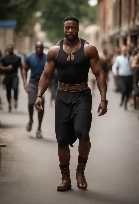 there is an 11ft man walking down a street with a lot of people, 8 k movie still, beautiful man,muscular character, movie still 8 k, muscular characters, still from a live action movie, african man, muscular and terrifying, 4 k movie still, 4k movie still,...