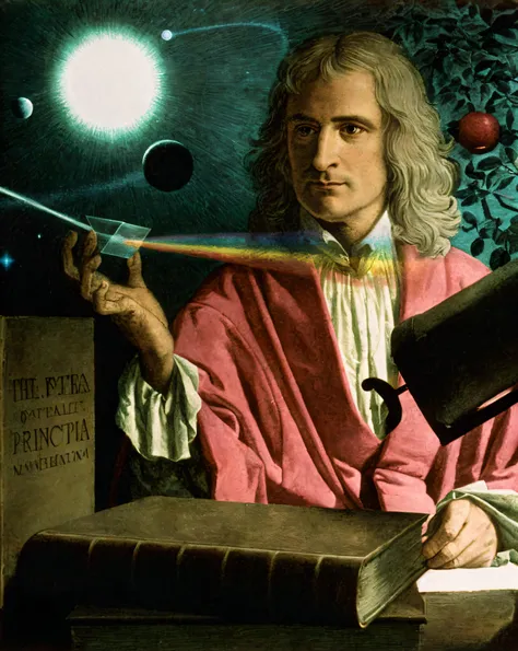 Isaac Newton, genius, scientist, discovered the laws of gravity, holding a prism being illuminated by a beam of light, which creates the reflection of a rainbow, background has an illustration of the universe, the front there is a book and on top of the bo...