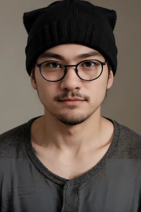 man、japanes、Narrow-eyed、Narrow-eyed、A heavy eyelid、Round glasses、Knitted hat deeply worn、small nose、short beard、Mouth beard、Black clothe、black eyes、20yo、Im skinny、Small face、kawaii、shaven