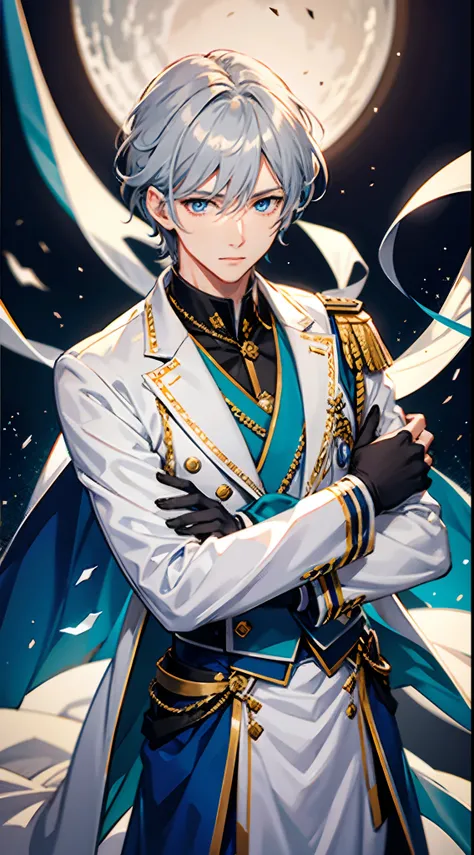 ((Best Quality, in 8K, male people, Seen from the front,masuter piece :0.5)), 1 Neutral man in fantasy courtesy dressed in blue and silver tones, (Yamato Mamoru Stable, One head, Two arms, I dont have anything in my hands, Silver shorthair, Blue eyes, Im i...