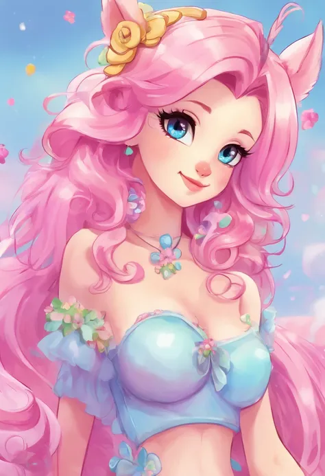 cartoony,Fluttershy,adorable,cartoon,magenta,soft pastel colors,bright and vibrant,baby blue lingerie,pink hair,shy expression,kind eyes,shy smile,small wings,peaceful and serene background,whimsical artwork,artistic strokes,stylized details,clear outline,...