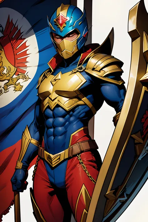 Tira de quadrinhos inspirada na arte de David Finch,A closeup of a Brazilian superhero wearing an emblematic mask and helmet, cintura delgada, ombros largos, Superhero uniform with white colors, preto, vermelho,e azul, holding a shield with the flag of the...