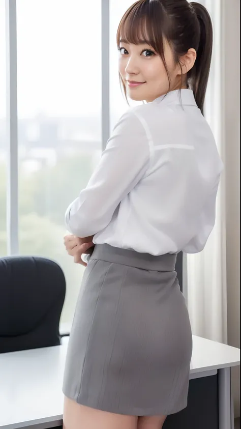 (Best quality, 8k, 32k, Masterpiece, UHD:1.2), 1 beautiful girl, ((close up:0.6)), beautiy Japanese office lady, (smile:0.5), (looking at the viewer), a bit chubby:0.65, grey suit, grey mini skirt, white shirt, office room, desk, detailed beautiful face, p...