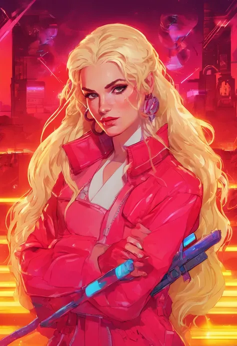 Give me a white girl with blonde hair  red suit and a fire sword with glowy red eyes