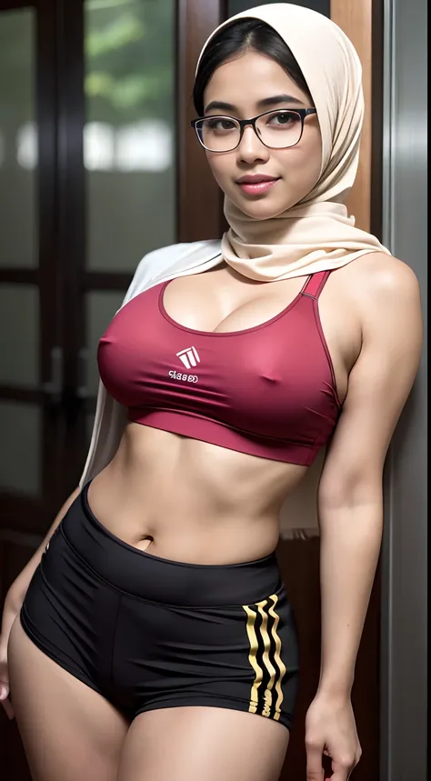 (iu:0.8),cleavage, RAW, Best quality, high resolution, Masterpiece: 1.3, Beautiful glasses dark_skinned hijabi javanese wearing sports_bra and shorts, Masterpiece, Soft smile