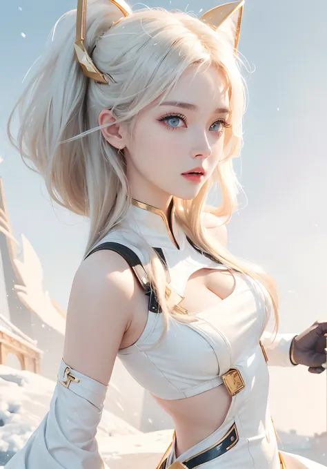 Sexy goddess，best qualityer，Snow-whiteskin，8K high quality，Sexy goddess，A pair of big eyes are beautiful and moving，White skin，Makeup，Sexy outfit，aerial shot，Volt view，Look up，Armed with futuristic modern weapons，gold；jewely；Blue Electric，Space-time gate，m...