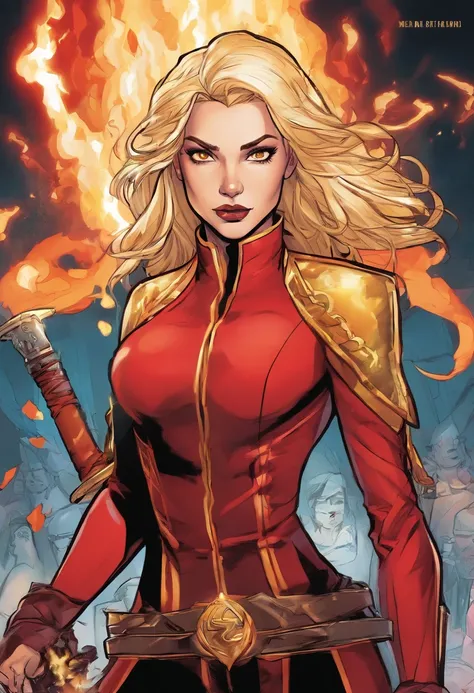 Give me a white girl with blonde hair  black and  red suit and a fire sword with glowing red eyes with fire powers