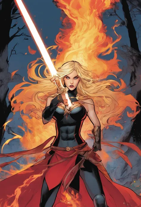 Give me a white girl with blonde hair  black and  red suit and a fire sword with glowing red eyes with fire powers