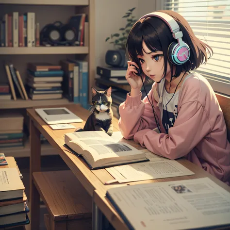 anime character sitting at a table with headphones a book and a cat, lofi girl, lofi art, lofi art style, lofi feel, lofi portrait, lofi colors, lofi, lo-fi art, lofi vibes, lofi vibe, lofi hip hop, satoshi kon artstyle, lofi girl aesthetic