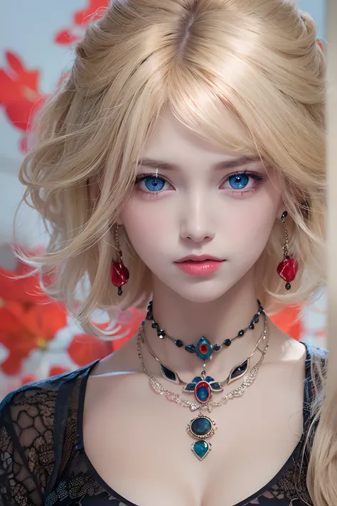 Blonde Woman, Blue and red eyes, Black necklace, Sadly