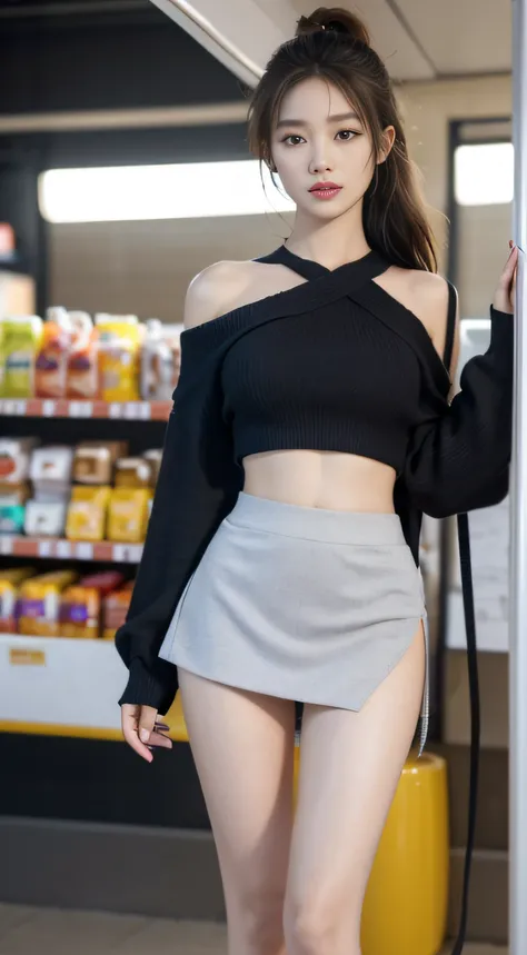 1young girl, beautiful detailed eyes, beautiful detailed lips, extremely detailed face, long eyelashes, wearing a stylish Mini skirt, trendy crop top, fashionable heels, stunning Tanga underwear with the waistband peeking out, standing inside a well-lit co...