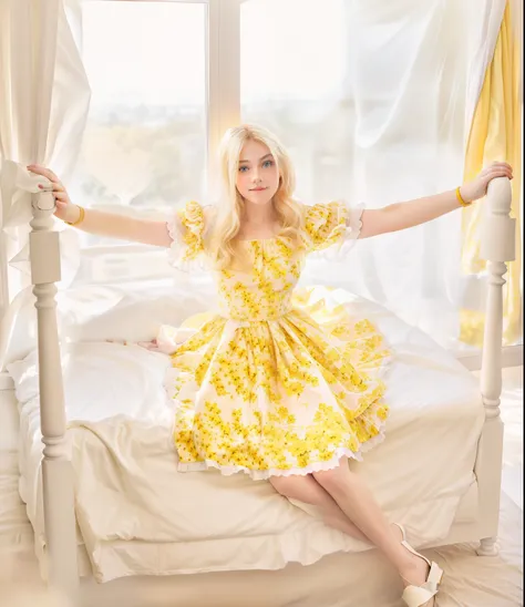 blonde girl in yellow dress sitting on a bed with white sheets,  posing in a bedroom,  make the bedroom a bight victorian room w...