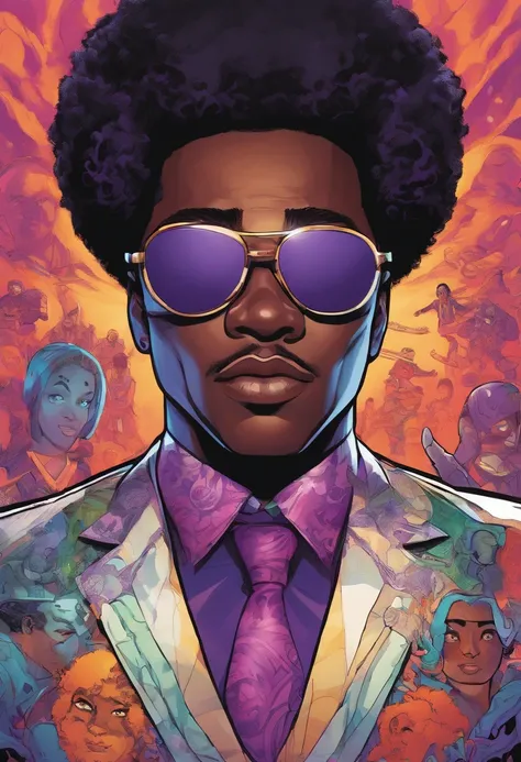 Give me a black boy with a Afro and a purple and black suit he has  glowing purple eyes and the power of mind control and gravity