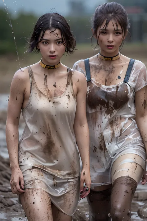 Surreal photo of two short black-haired women, Braces, Muddy ass, Woman wears a white transparent raincoat, The raincoat was soiled with mud splashes., String Slip, gotik, Short hairstyle 80s perm, Lucy Boynton, Cup Size C, 80s hairstyles, Suspenders next ...