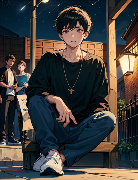 A young boy with，Dressed in casual attire，Wear sneakers，With a necklace，Sit under a street lamp，the night，looking up and counting the stars in the sky，Close-up of people，Ultra-high definition