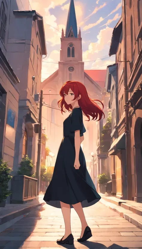 Redhead is wearing a black dress strolling down the street with a church in classic style in the background