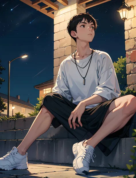 a young boy with，dressed in casual attire，wear sneakers，with a necklace，sit under a street lamp，the night，looking up and countin...