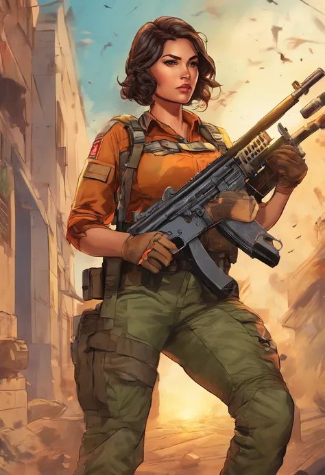 (best quality,4k,8k,highres,masterpiece:1.2),ultra-detailed,(realistic,photorealistic,photo-realistic:1.37),Latina female soldier,short hair,holding a machine gun,battlefield background,military uniform,tough and determined expression,intense action,smoke ...