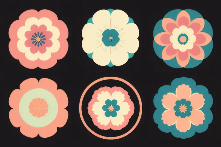 Aesthetic flowers, retro design pattern, multicolored, ((simple)), ((flowers do not protrude from the edges)).