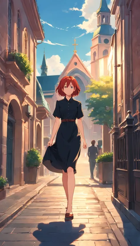 Redhead is wearing a black dress strolling down the street with a colonial-style church in the background