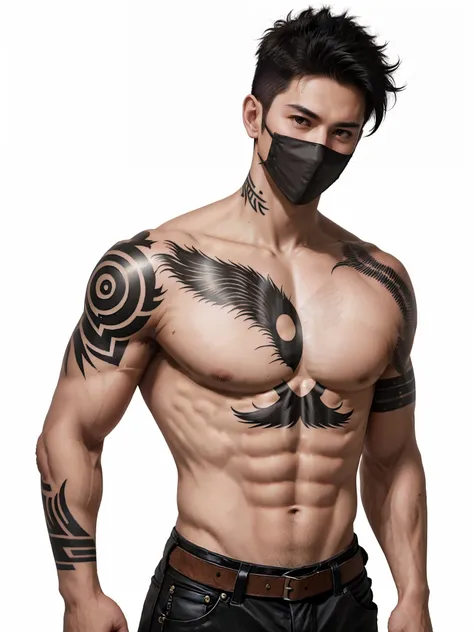 One wears a half-mask，With a dagger in his hand，Handsome，Bad laughs，punks，Sense of oppression，Full body photo，Dont take a headshot，Big back，The hairstyle is slightly messy，Hair color is white，Upper body nudity，Tattooed with，Muscular