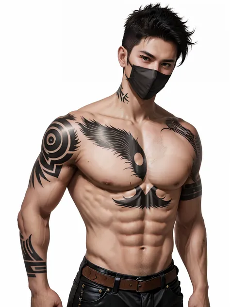 One wears a half-mask，With a dagger in his hand，Handsome，Bad laughs，punks，Sense of oppression，Full body photo，Dont take a headshot，Big back，The hairstyle is slightly messy，Hair color is white，Upper body nudity，Tattooed with，Muscular