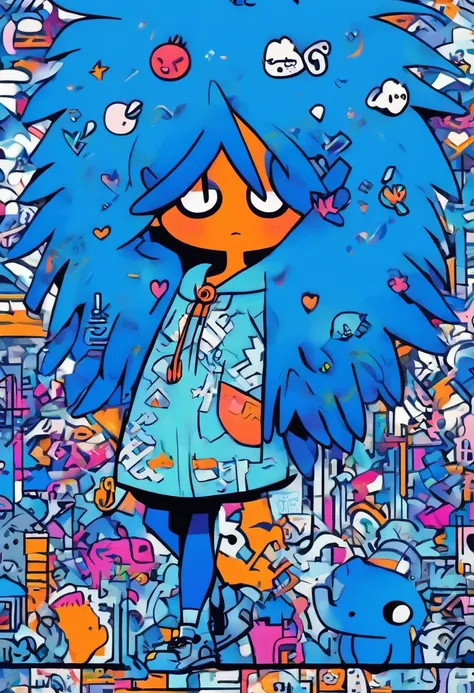 There is a cute feathered girl from the back in Coton, Wearing a cape, Handheld watering can and shield, Rough Line Art. Graffiti and Keith Haring, Klein Blue, stick figures, zora々Right, Cute, doodle, Sharpie Illustration, MBE Illustration, bold lines, Gru...