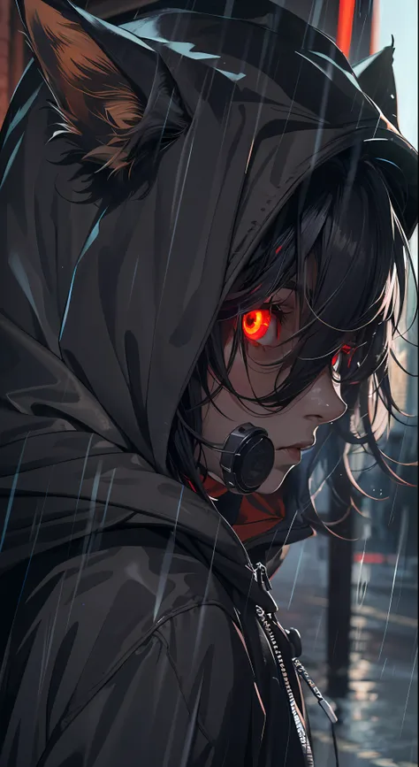 1boy, glowing red eyes, black hair, staring, dead, black hoodie, wolf ears, wolf tail, rainy day city background, heavy atmosphere, close up view, shadow over face