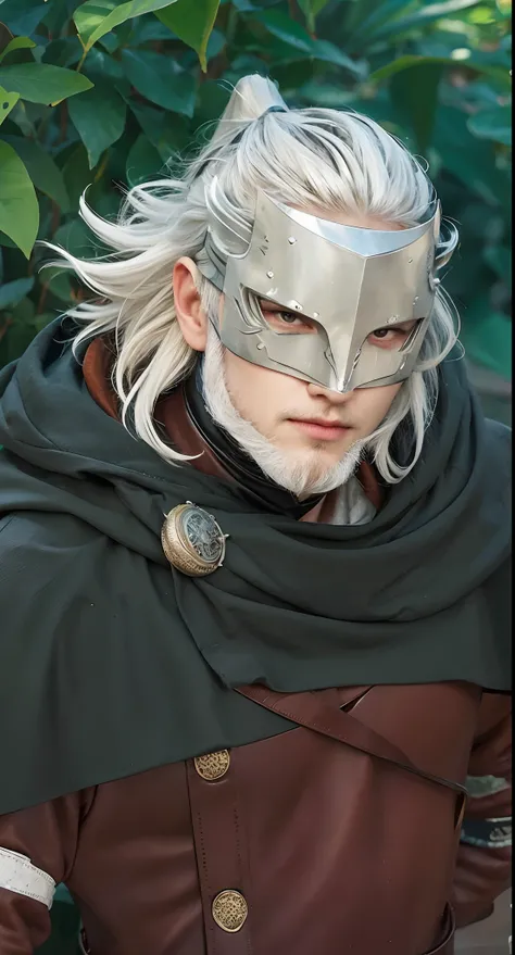 Real life adaption of this character, adult handsome face with white goate, (realistic same outfit), realistic long white hair,He wore the same mask made of iron, hyper realistic, realism,realistic light, realistic shadow,(photorealistic:1.2)