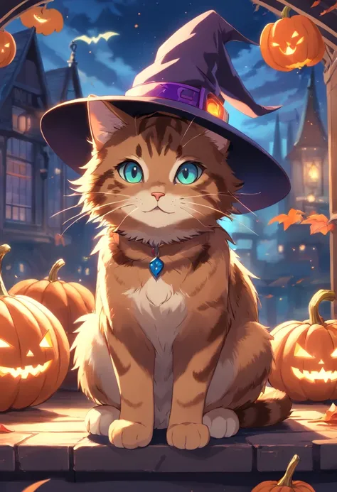 a brown tabby cat wearing a witches hat, it has a bobbed tail, and blue and brown eyes, pumpkins, halloween, bats