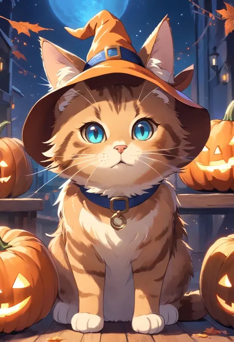 a brown tabby cat wearing a witches hat, it has a bobbed tail, and blue and brown eyes, pumpkins, halloween, bats