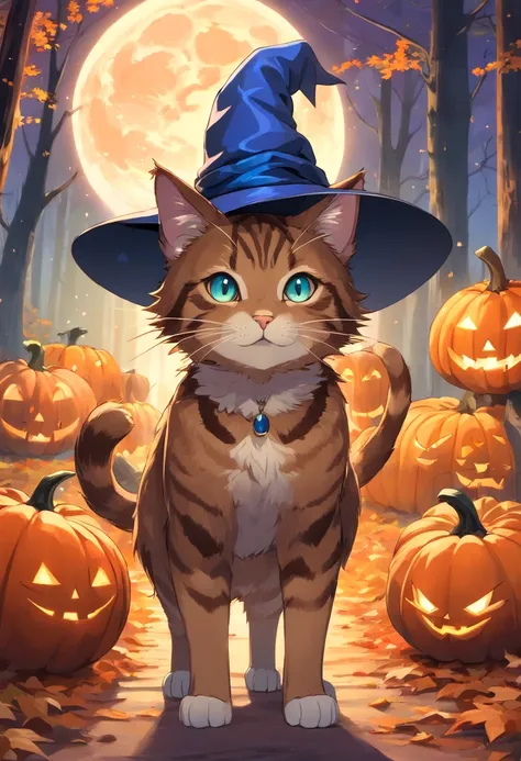 a brown tabby cat wearing a witches hat, it has a bobbed tail, and blue and brown eyes, pumpkins, halloween, bats, the background is a forest with a full moon