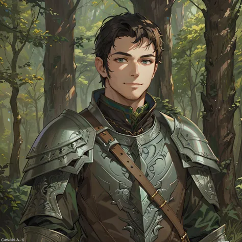 there is a man in armor standing in the woods, a portrait of a male rogue, handsome guy in dungeons and dragons art, rugged male, male human rogue, a male human, casimir art, portrait of a forest rogue, fantasy male portrait, a human male rogue, highly det...