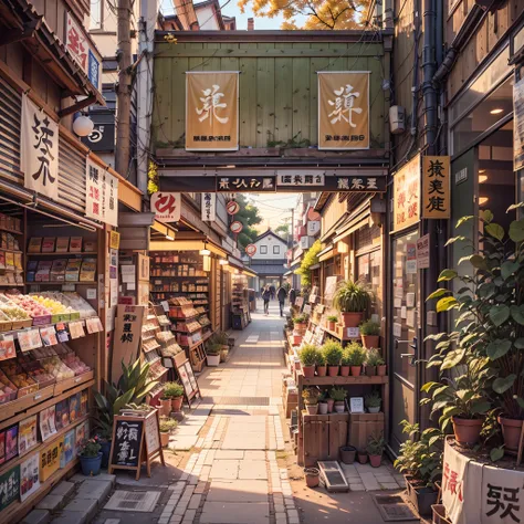 anime background, anime wallpaper, anime, anime style, lofi, lofi style, modern japanese street, modern japanese architecture, japanese convenience store, big retro japanese shop signs, retro japanese store, trees, plants, rocks, plant pots, shop signs, ja...