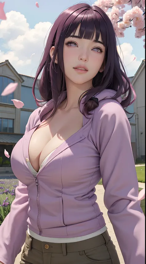 masterpiece, absurdres, hinata(boruto), 1girl, solo,mature female, purple hoodie,layered sleeves, brown pants,  outdoors,lavender flower field, looking at viewer, (falling petals), cloudy sky, perfect composition, detailed lips, big breast, cleavage,beauti...