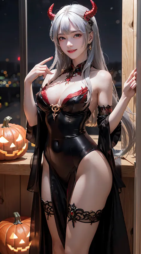 masterpiece, top-quality, top-quality, Beautifully Aesthetic:1.2, Three girls, Halloween night, Wearing a devil costume, high detailed, ((Red eyes:1.8)), Standing in line with seductive pose that sticking out breasts, ((large breasts:1.5)), firm breast, ni...