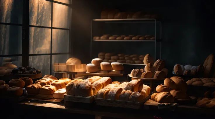 All-feed display of bread and pastries in the bakery, breads, Bakery, breads, Fresh bakery on background, food commercial 4 k, Inspired by Normand Baker, Bread, fantasy bakery interior setting, confections, with dramatic lighting, baking french baguette, P...