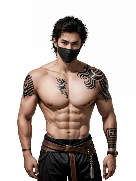 One wears a half-mask，With a dagger in his hand，Handsome，rogue，Sense of oppression，Full body photo，Dont take a headshot，Big back，The hairstyle is slightly messy，Hair color is white，Upper body nudity，Tattooed with，Muscular