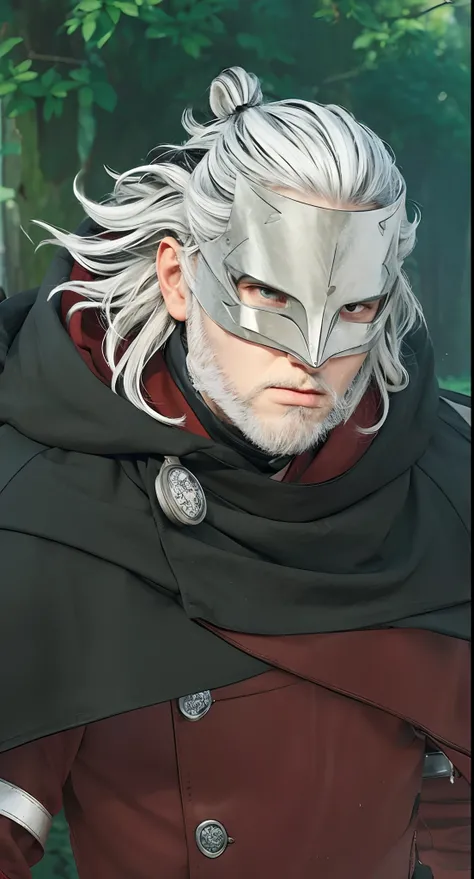 Real life adaption of this character, adult handsome face with white beard, (realistic same outfit), realistic long white hair,He wore the same mask made of iron, hyper realistic, realism,realistic light, realistic shadow,(photorealistic:1.2)