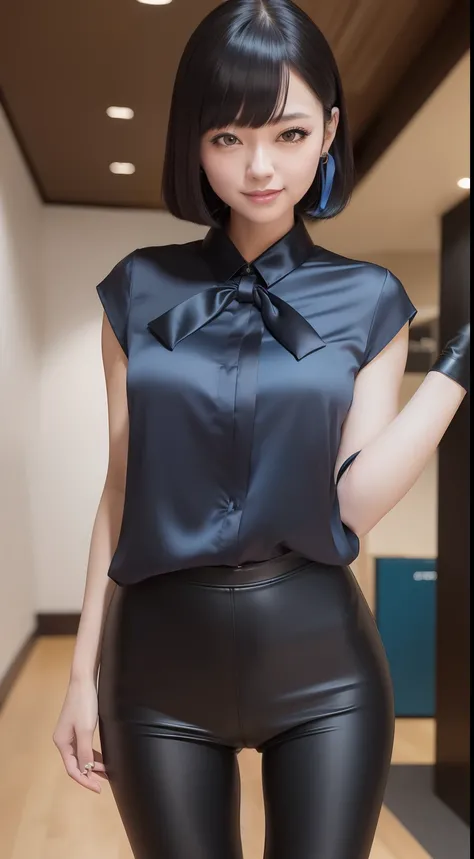 masutepiece,A hyper-realistic,32K,the Extremely Detailed CG Unity 8K Wallpapers, Best Quality,(beautfull Japanease woman),Black Shorthair,((Blue Satin Fabric Ribbon Blouse)),(black leather leggings),Short boots,A smile,Smile,shopping mall,FULL BODYSHOT,is ...