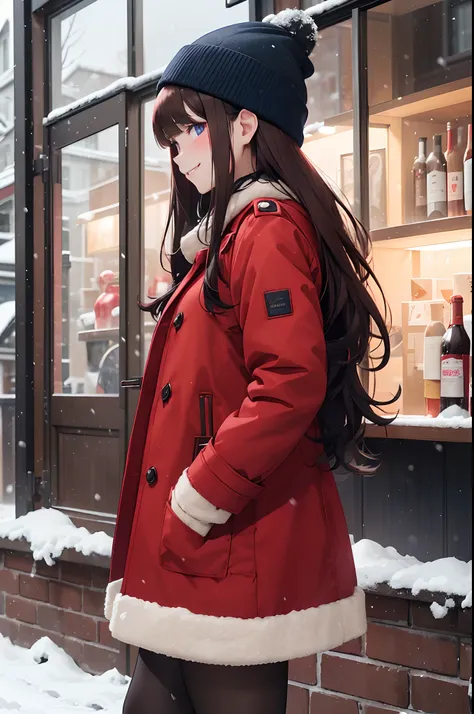 woman in a red toggle coat side view, long wavy brown hair, straight cut bangs, blush, red winter hat, black pantyhose, black loafers, wide shot, pitch black and snowing, tall, ((head turned slightly to look at viewer, with a smile), ((pretty dark blue eye...