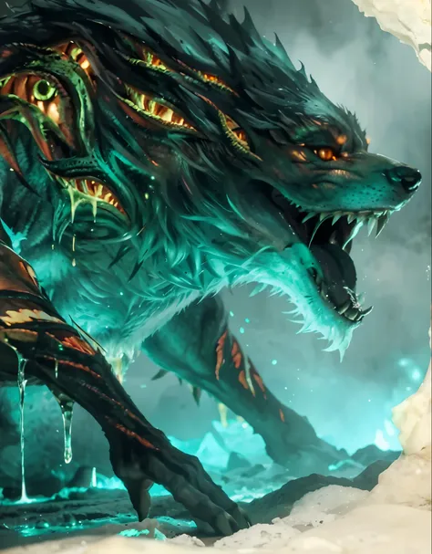 ultra realistic depiction of a monster with a large mouth and sharp teeth like i dire wolf, fenrir, highly detailed creature, de...