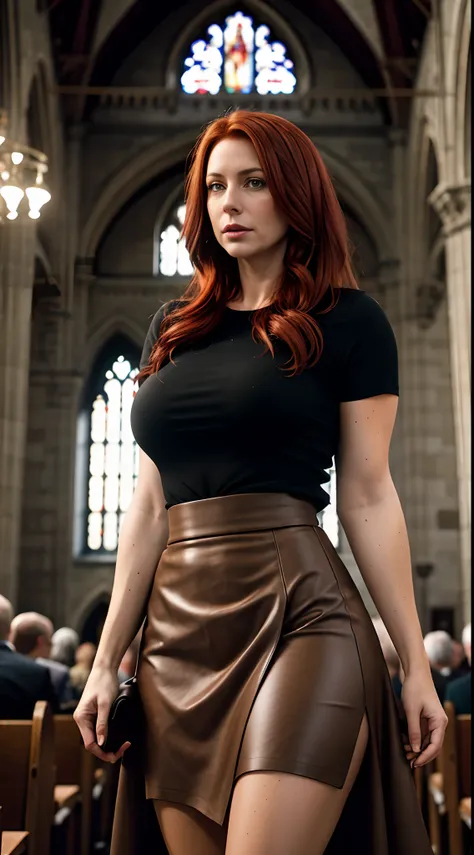 40 years old, woman, raw photo, a redhead woman in a crowded church, seethru skirt, best quality, cinematic, best quality, 8k uh...