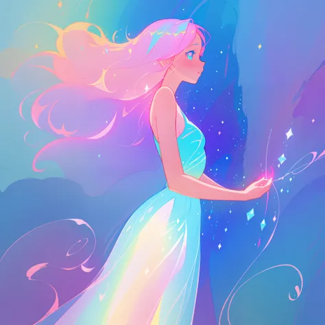 beautiful anime girl in colorful liquid dress, vibrant pastel colors, (colorful), magical lights, sparkling lines of light, inspired by Glen Keane, inspired by Lois van Baarle, disney art style, by Lois van Baarle, glowing aura around her, by Glen Keane, j...