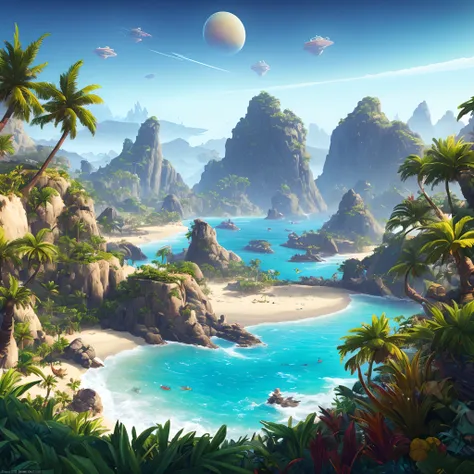 (masterpiece, best quality:1.2), a close up of a beach with a boat and palm trees, concept art by Jason Benjamin, polycount contest winner, process art, epic coves crashing waves plants, lush oasis, lush alien landscape, stylized concept art, beach on the ...