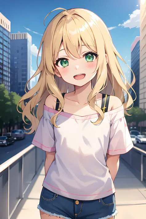 Young girl, long wavy hair, blonde hair, light green eyes,hair over shoulders,shining eyes, small breasts, short stature, (happy with open mouth), (blush),(hands behind back), off shoulder t-shirt, denim shorts,(standing),(pov from front),skyscraper,outsid...