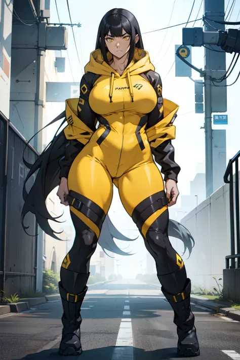 1girl muscular black hair very long hair yellow eyes large breasts thick thighs over-sized hoodie big boots standing body suit full body